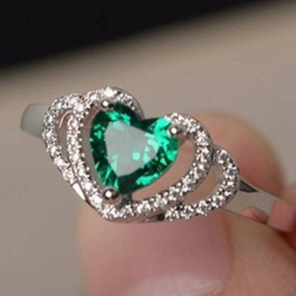Jewelry - Sweet Multi Layer Hollow Heart Green Crystal Clear CZ Rings for Women, PD324
